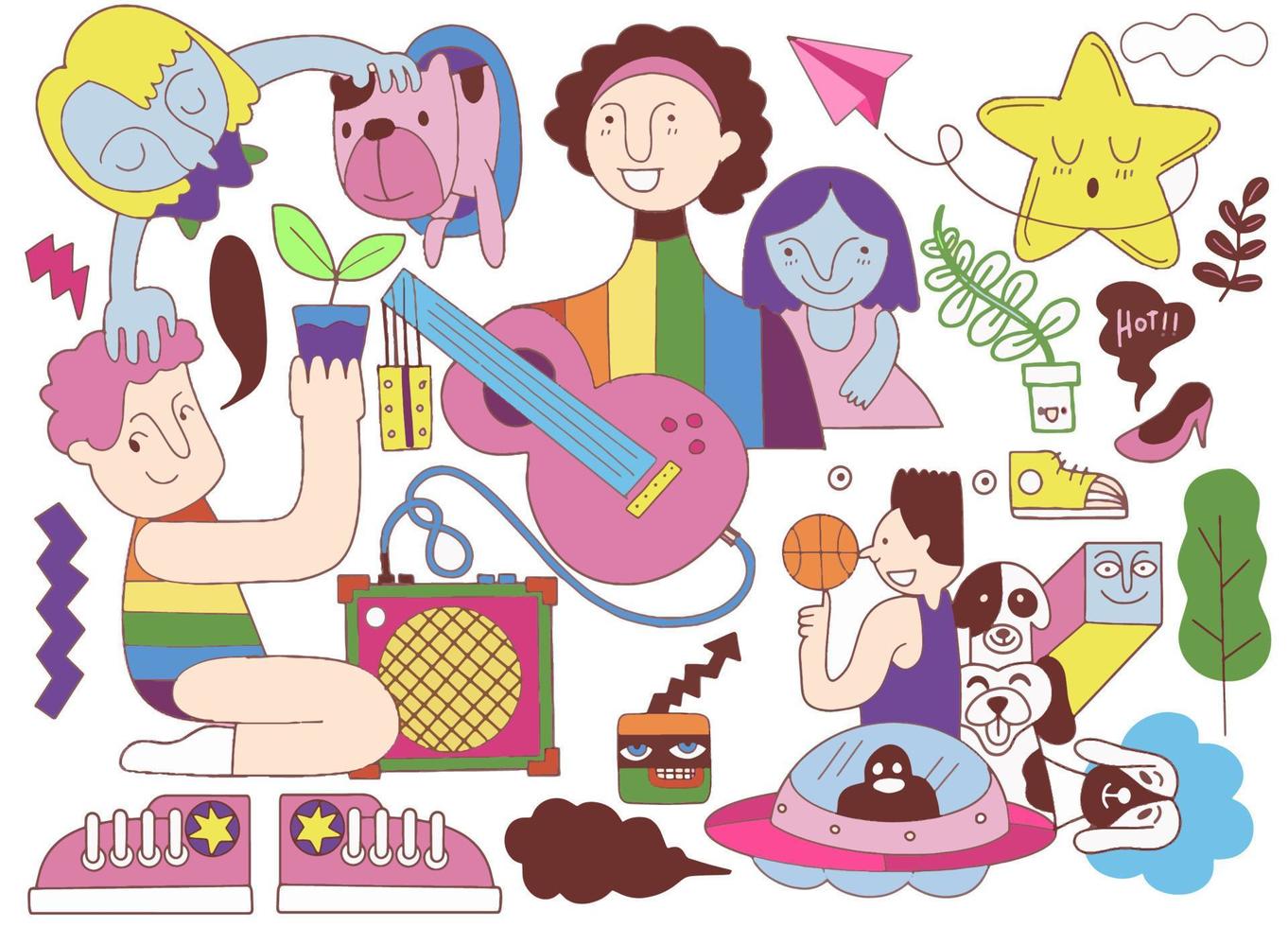 A crowd marching in a Pride parade.a trend that involves a diverse set of people, A vector illustration of a doodle