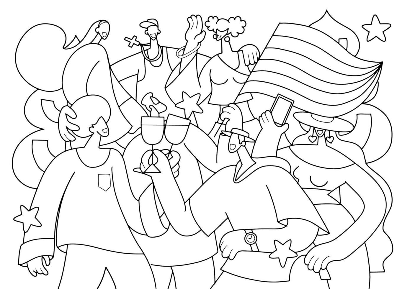 A crowd marching in a Pride parade.a trend that involves a diverse set of people, A vector illustration of a doodle