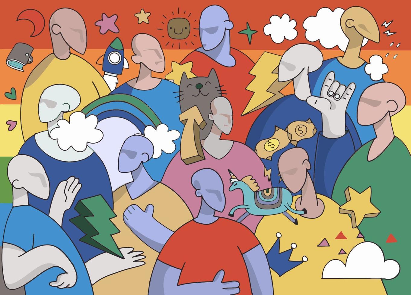 A crowd marching in a Pride parade.a trend that involves a diverse set of people, A vector illustration of a doodle