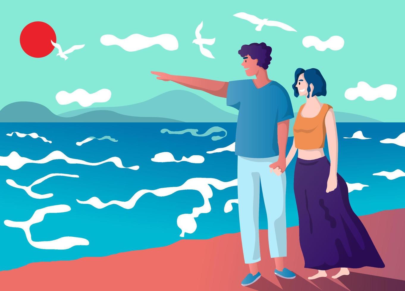 happy couple walking along a beach vector