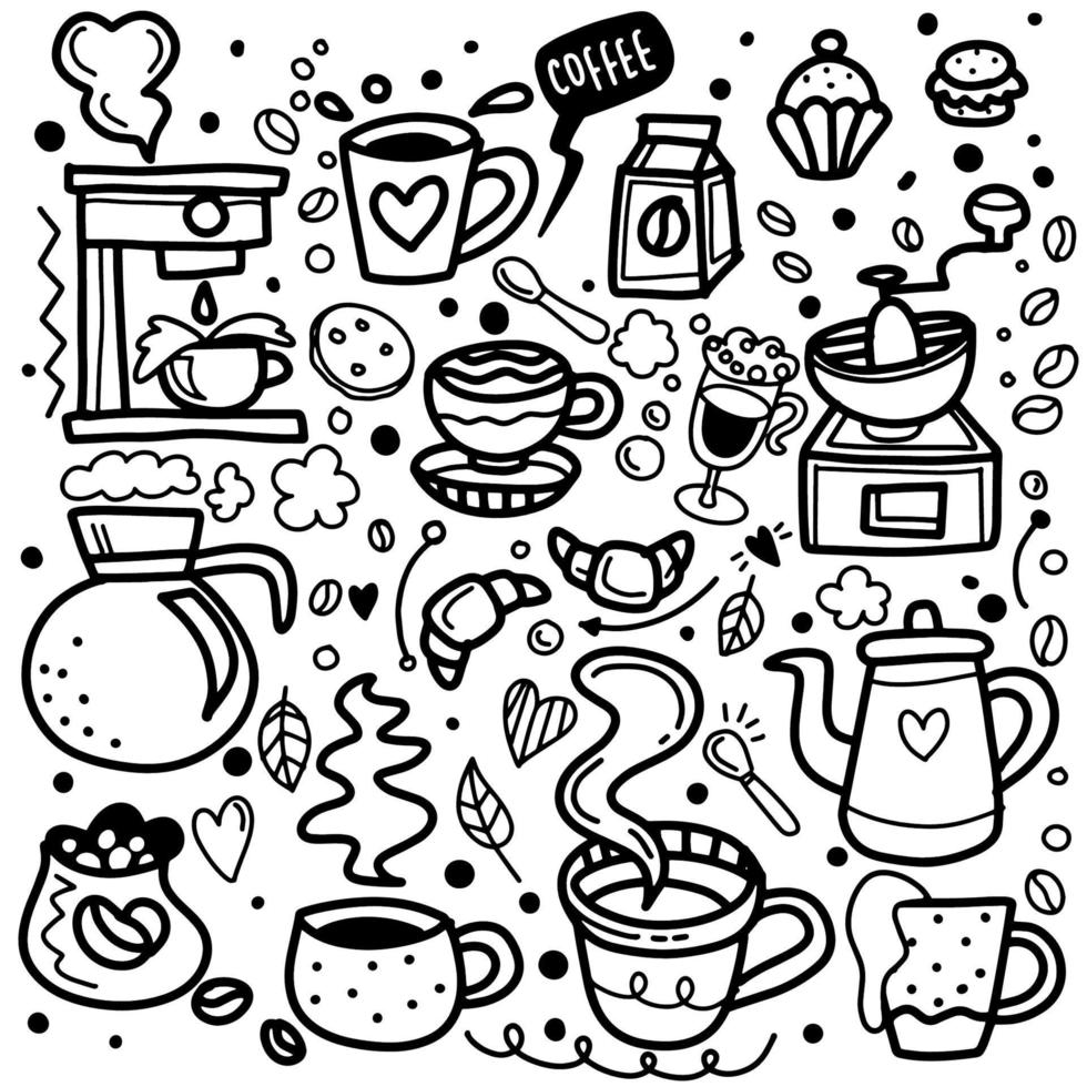 Cute doodle coffee shop icons. Vector outline coffee and tea drawings for cafe menu