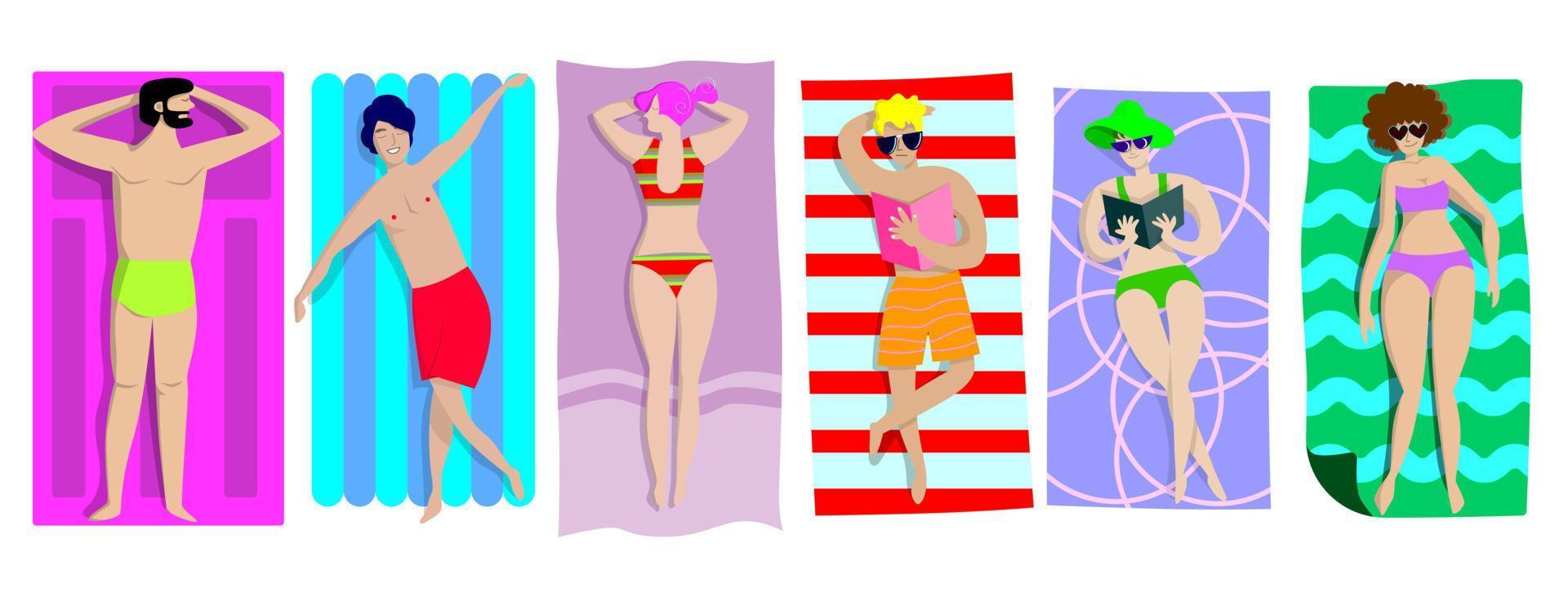 Young people sunbathing on the beach set, top view of lying men and women vector Illustrations on a white background