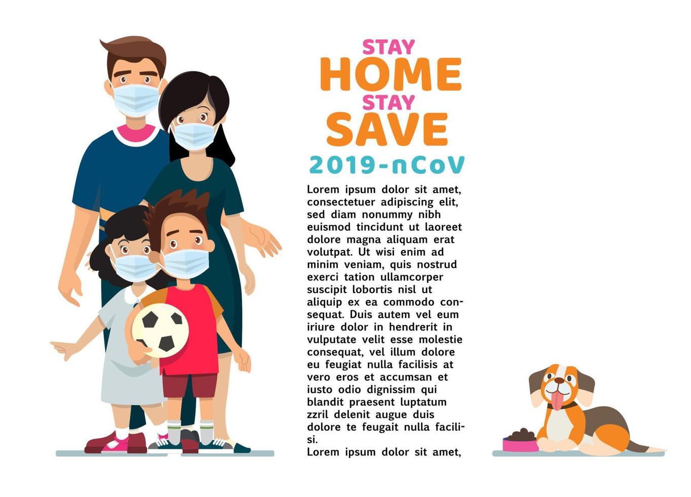 Family is protecting their children and them from virus COVID-19 and are wearing masks and stop the spread of viruses. Dad Mom Daughter Son wearing a surgical mask. Coronavirus quarantine. vector