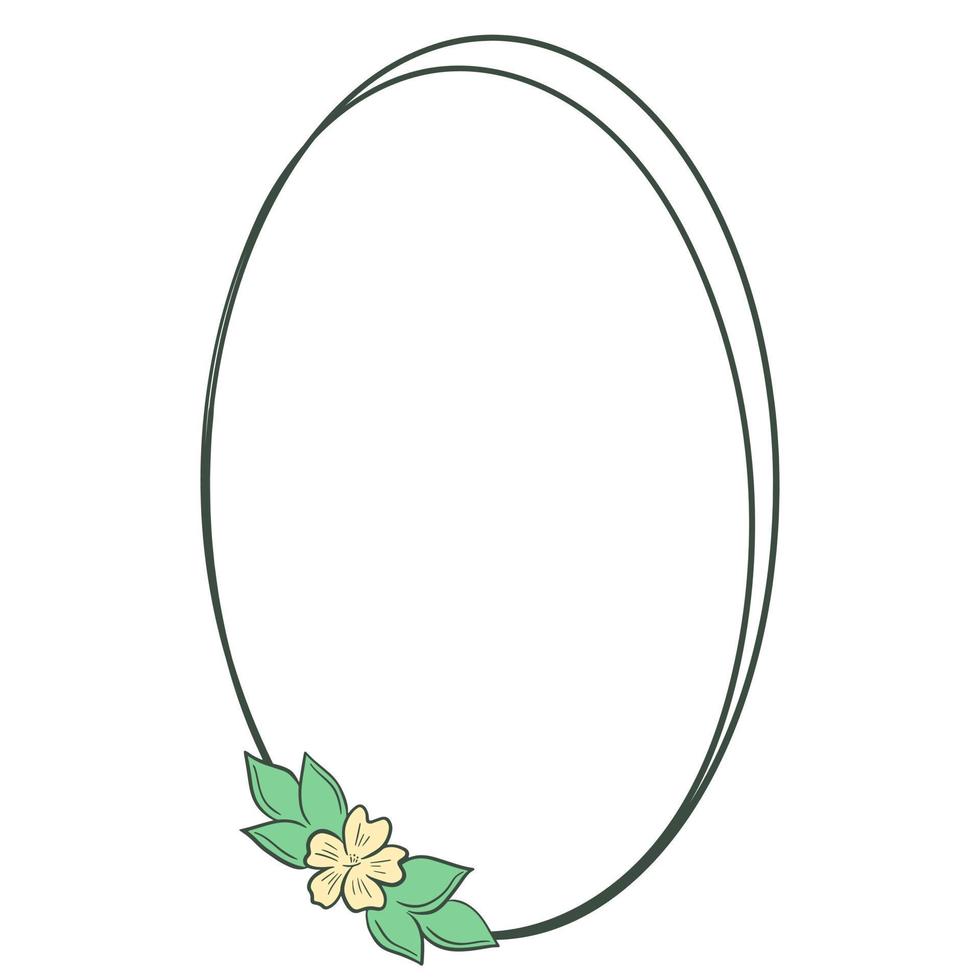 Minimalistic frame with flower vector illustration. Oval botanical rim isolated. Leafy floral rustic wreath. Abstract simple natural border