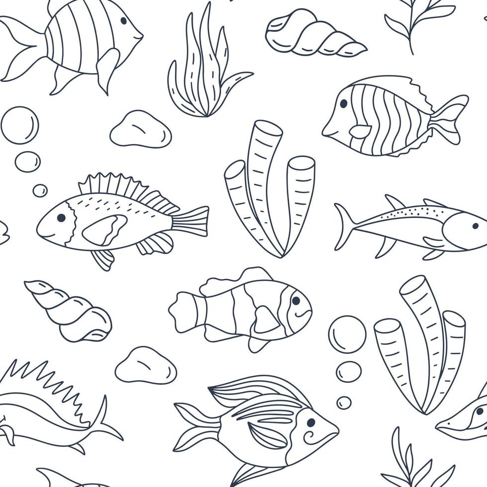 Marine underwater seamless pattern with fish and algae vector