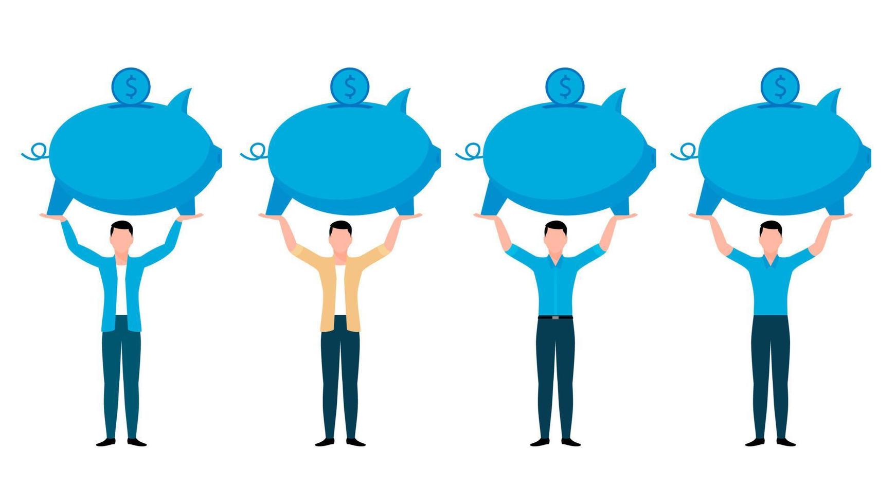 Man holding piggy bank on head, business character illustration set on white background. vector