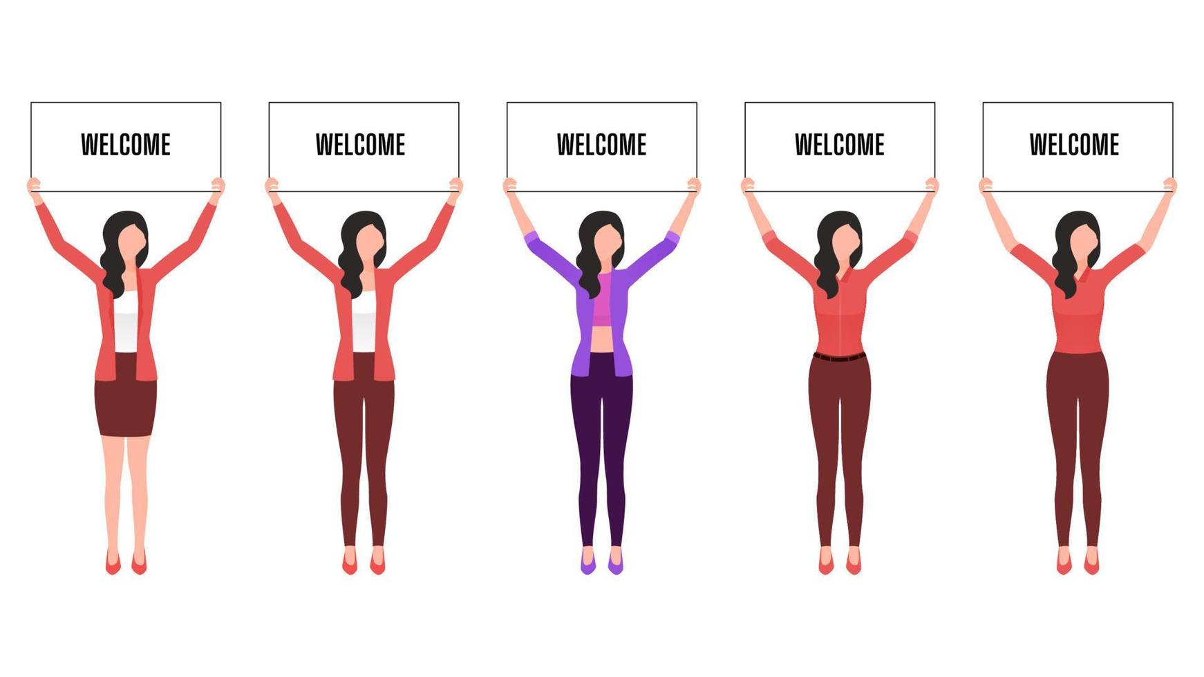 woman holding welcome board flat character illustration, people holding board business character vector illustration on white background.
