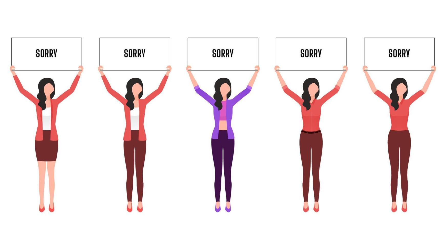 woman holding sorry sign board flat character illustration, people holding board business character vector illustration on white background.