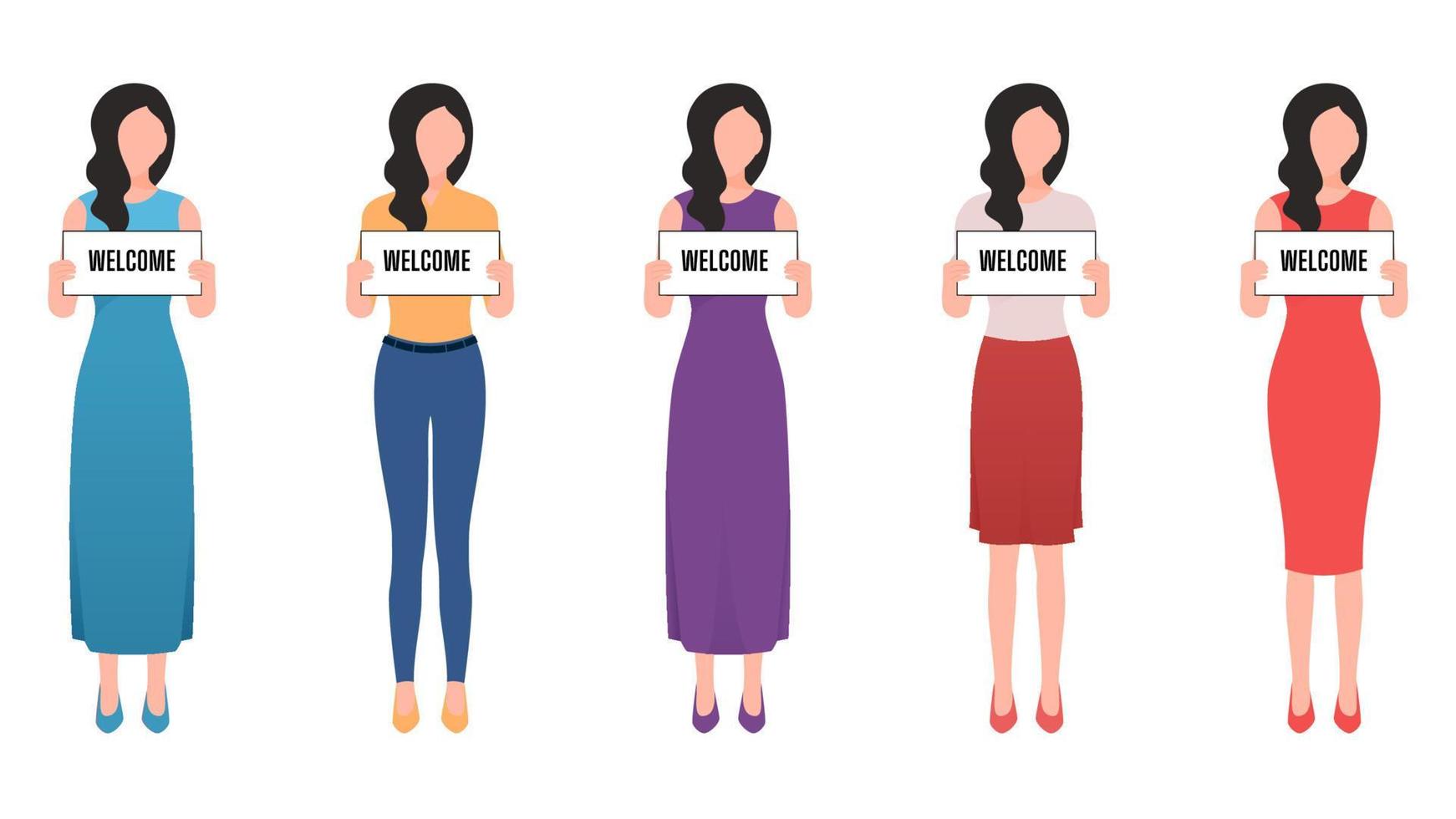 woman holding welcome board flat character illustration, people holding board business character vector illustration on white background.