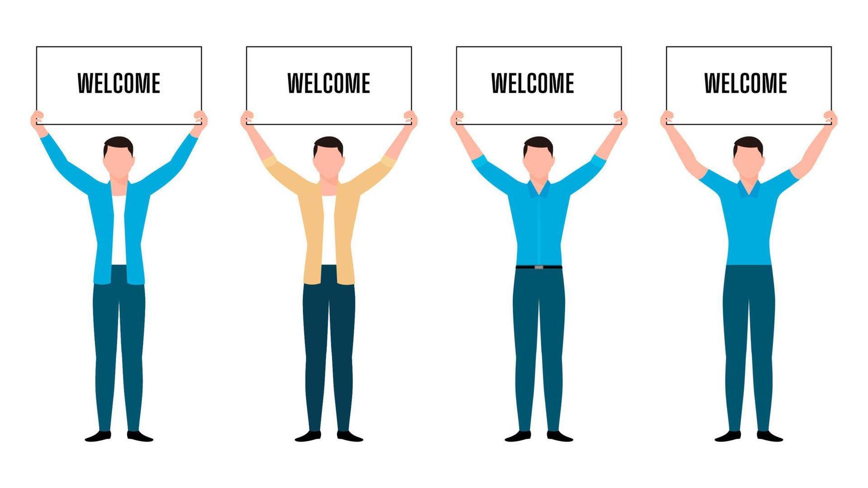 man holding welcome board flat character illustration, people holding board business character vector illustration on white background.