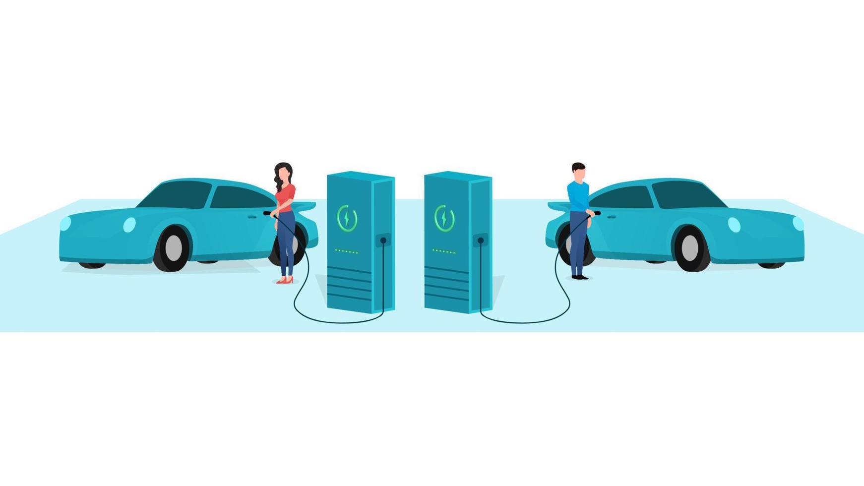 man and woman charging cool car at electric vehicle charging station, vehicle at EV charge Point, business character vector illustration on white background.