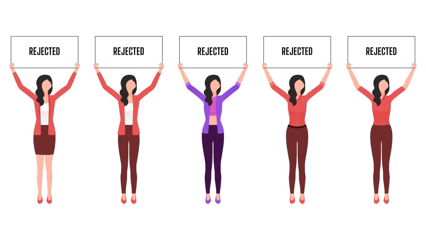 woman holding rejected board flat character illustration, people holding board business character vector illustration on white background.