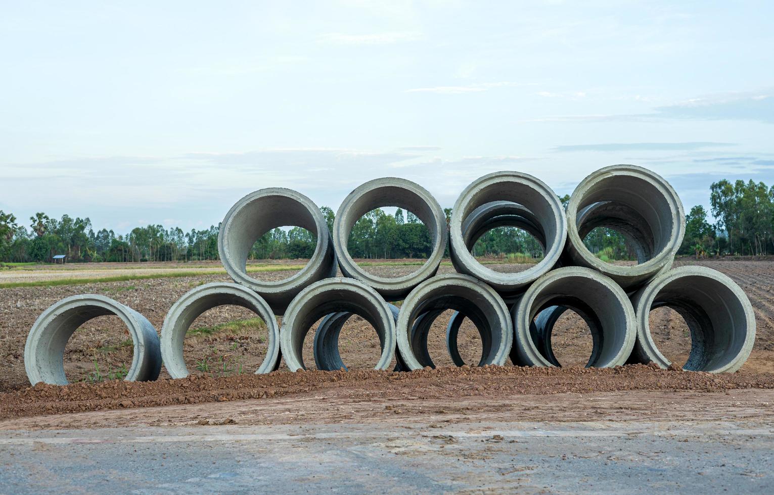 Low angle view, large concrete pipes lined up, stacked on top of the ground beside the paved road. photo