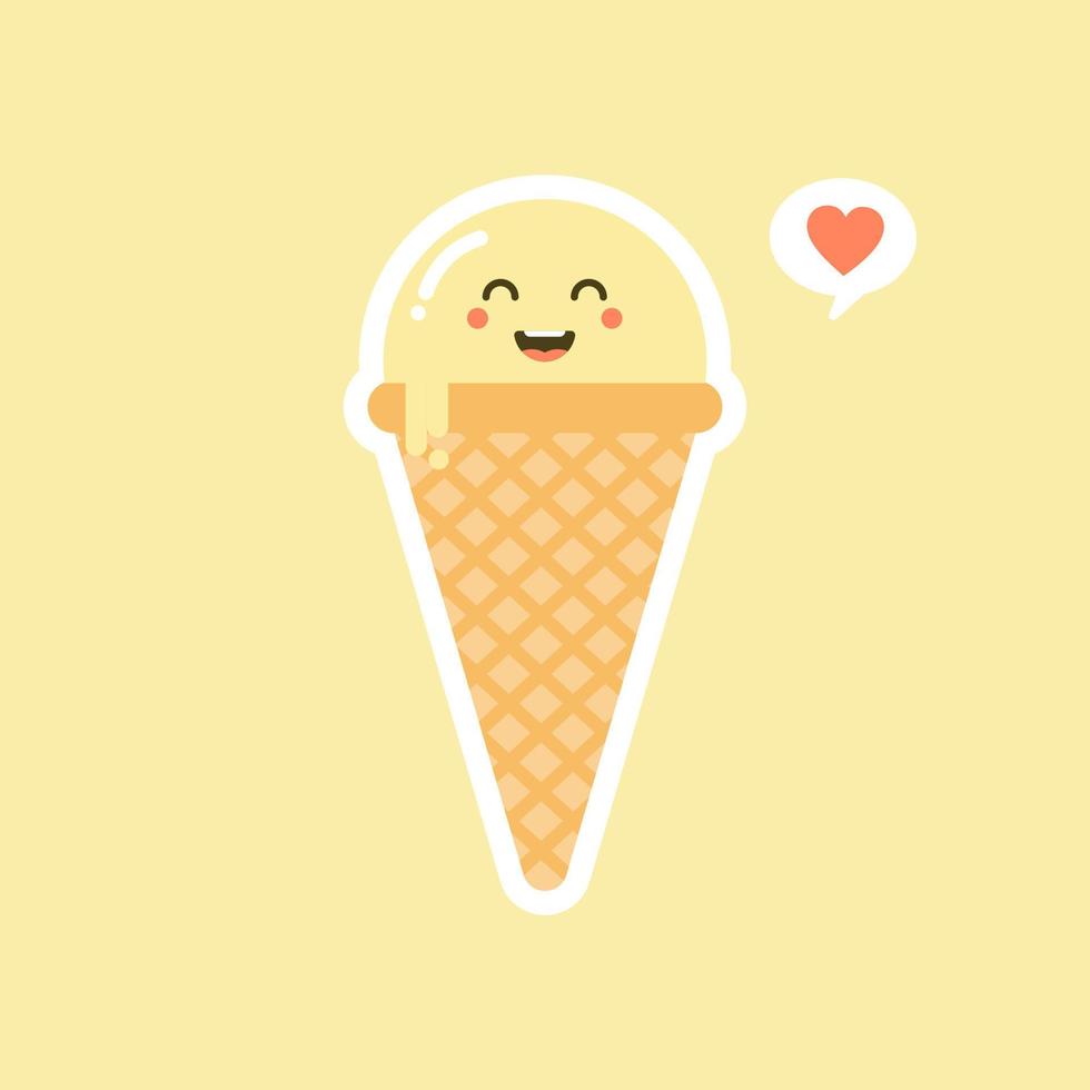 Melting ice cream balls in the waffle cone isolated on color background. Vector flat icon. Comic character in cartoon style illustration