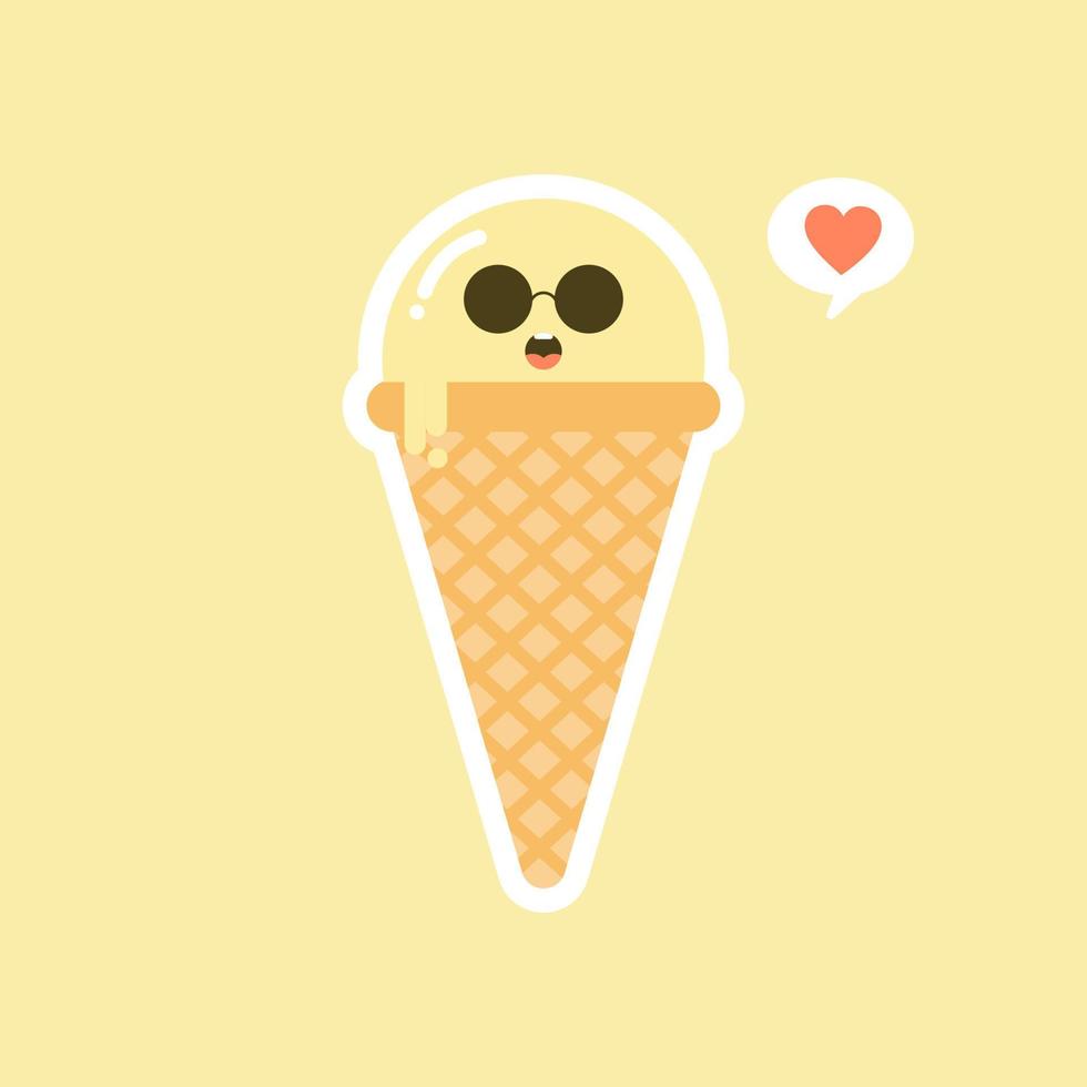 Melting ice cream balls in the waffle cone isolated on color background. Vector flat icon. Comic character in cartoon style illustration