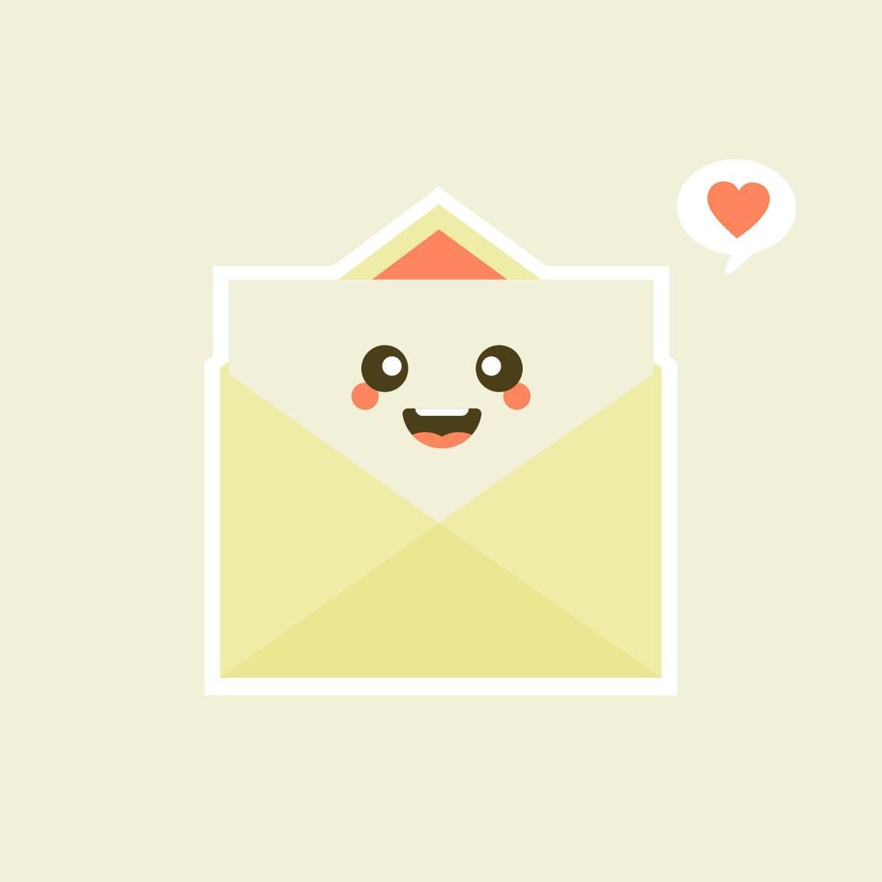 Cute and kawaii smiling happy envelope, paper letter. Vector flat cartoon character illustration.Isolated on white background. Envelope character concept. Love letter for valentine