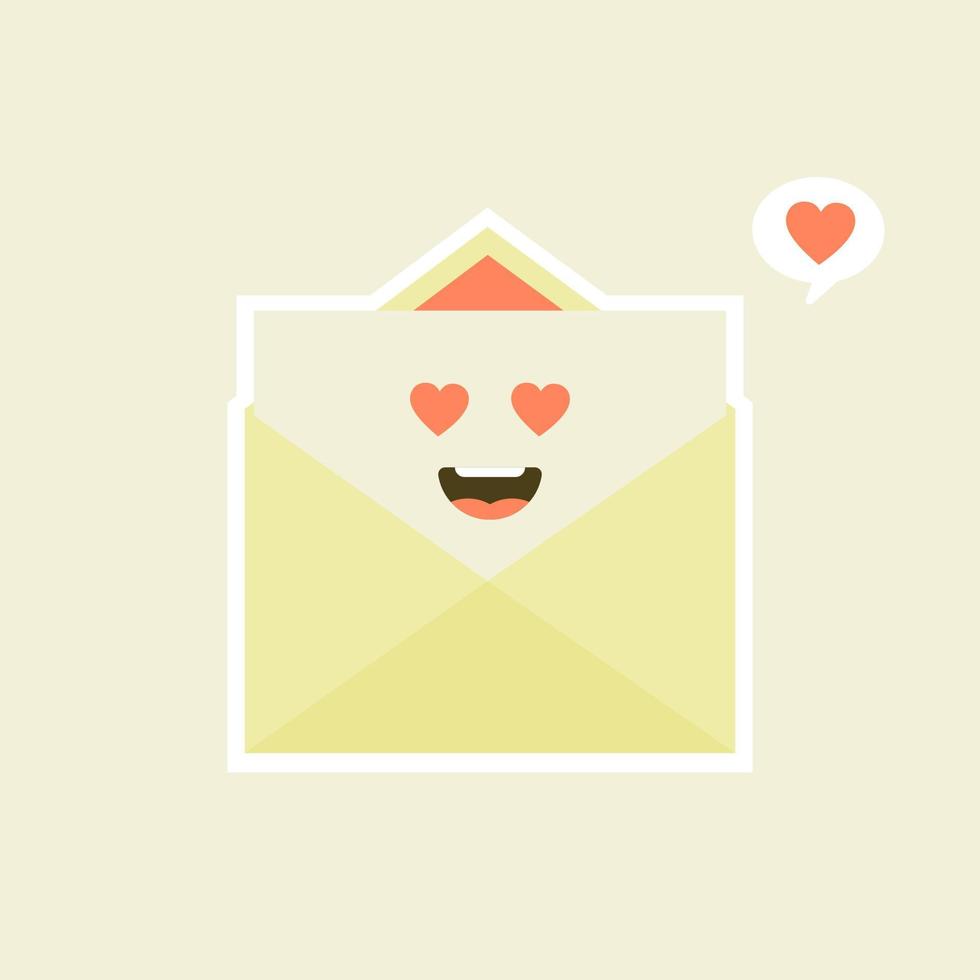 lindo y kawaii sonriente sobre feliz, carta de papel. ilustración de personaje de dibujos animados plano vectorial.aislado sobre fondo blanco. concepto de personaje de sobre. carta de amor para san valentin vector