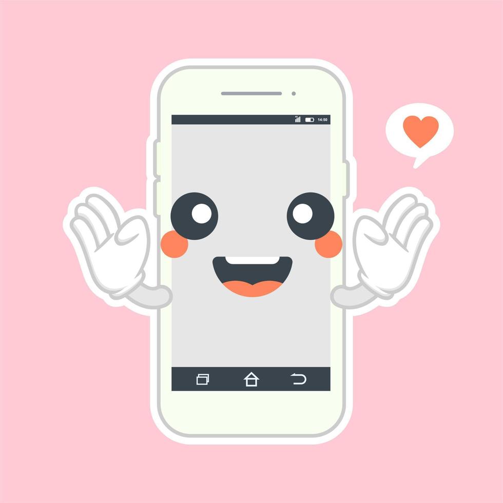 Cute and kawaii smartphone flat design, mobile phone cartoon character. Vector flat line cartoon kawaii character illustration icon. Callphone, smartphone with character face app concept