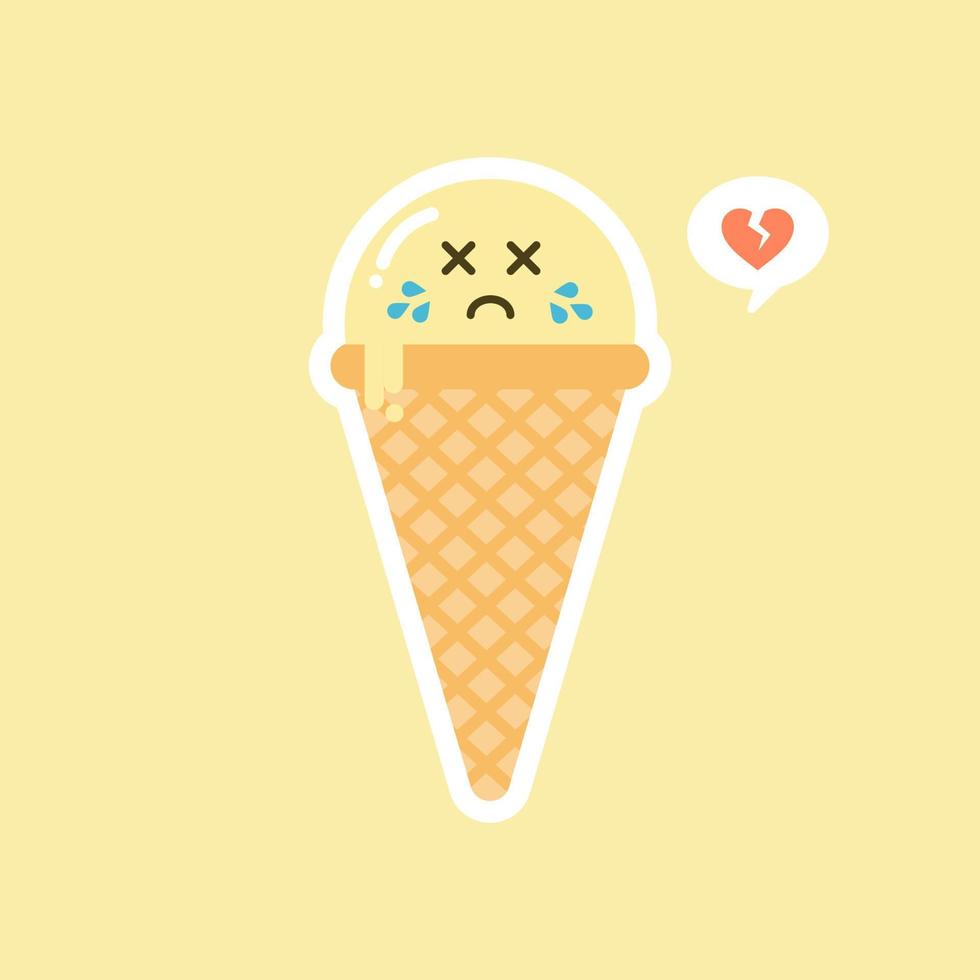 Melting ice cream balls in the waffle cone isolated on color background. Vector flat icon. Comic character in cartoon style illustration