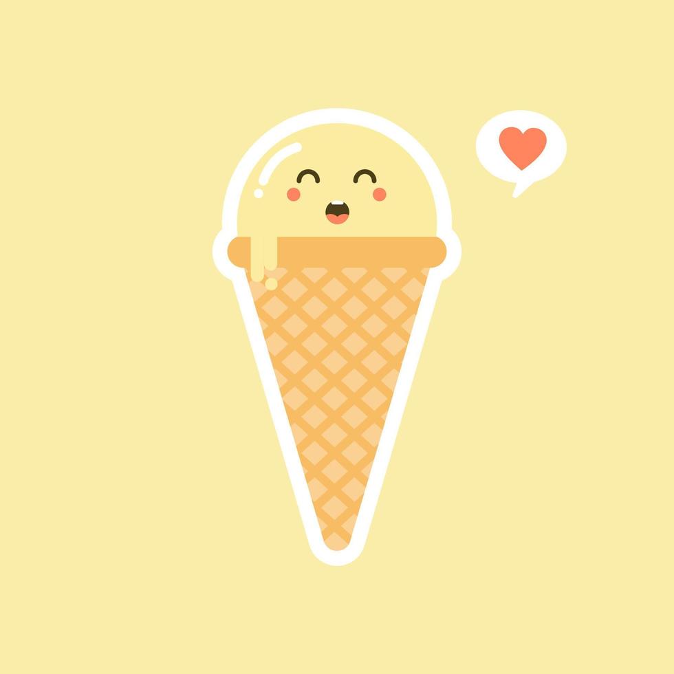 Melting ice cream balls in the waffle cone isolated on color background. Vector flat icon. Comic character in cartoon style illustration