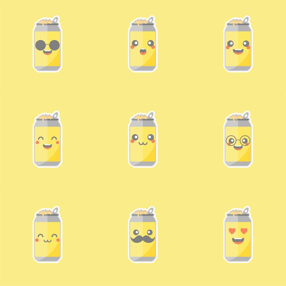 Cute and kawaii cartoon soda Cans. Cute lovely emoticon emoji face, smile, happy. Cold cola and soda. Sweet but high calories. vector