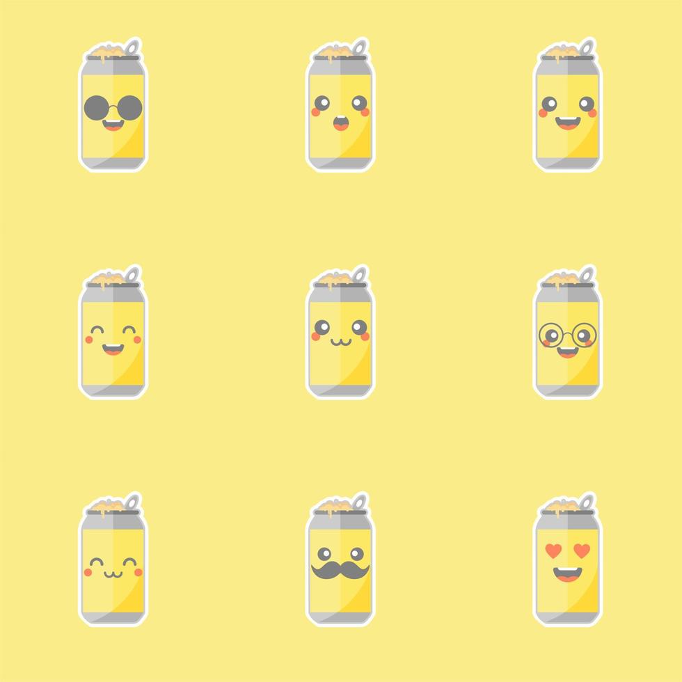 latas de refresco de dibujos animados lindos y kawaii. lindo emoticono encantador emoji cara, sonrisa, feliz. refrescos de cola y refrescos. dulce pero alta en calorías. vector