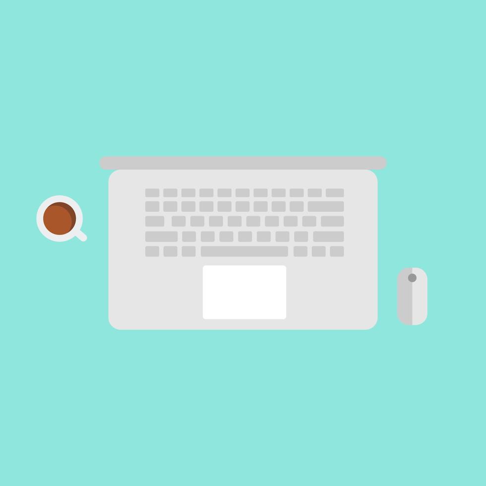top view laptop with coffeea flat design vector illustration. workspace vector illustration