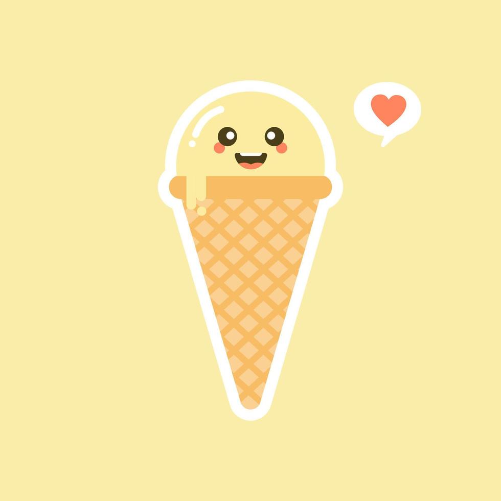 Melting ice cream balls in the waffle cone isolated on color background. Vector flat icon. Comic character in cartoon style illustration