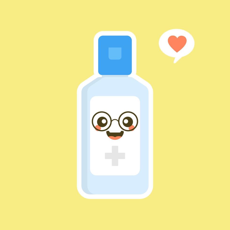 linda y kawaii botella de desinfección o desinfectante, gel de lavado. ilustración vectorial adecuada para higiene, desinfección, medicina, vida limpia, antivirus, bacterias, atención médica, propagación de enfermedades, gérmenes vector