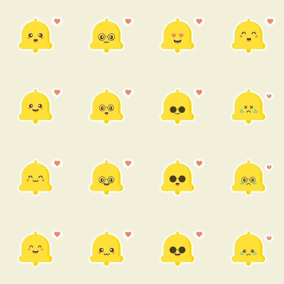 Ilustración de vector de diseño plano de campana de mano lindo y kawaii. divertido personaje de campana de mano con emoji humano sonriente, ilustración vectorial de dibujos animados aislada en el fondo de color. mascotas lindas y divertidas