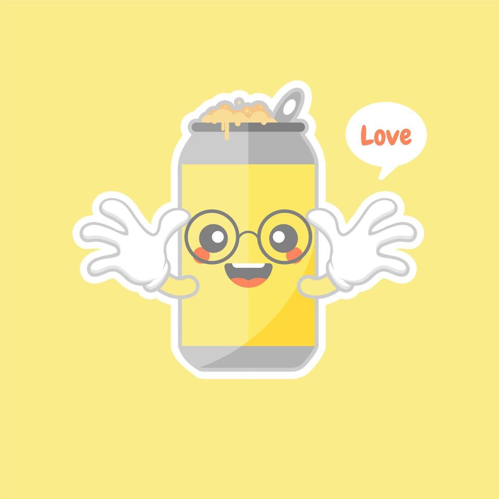 latas de refresco de dibujos animados lindos y kawaii. lindo emoticono encantador emoji cara, sonrisa, feliz. refrescos de cola y refrescos. dulce pero alta en calorías. vector