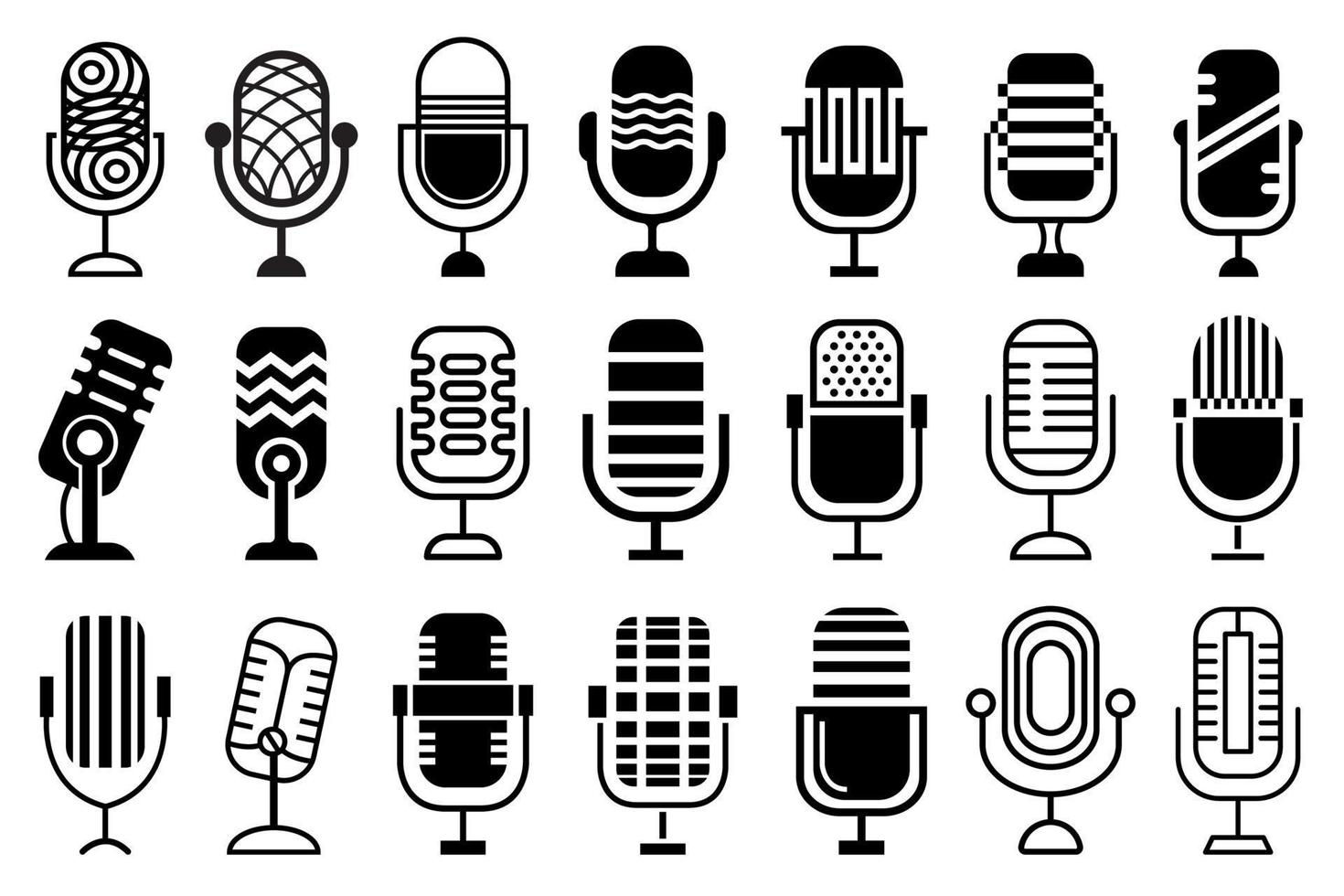 Microphone icon set. Collection of abstract microphone concepts, for logo, icon, symbol design projects. Black and white flat and outline icon designs. vector