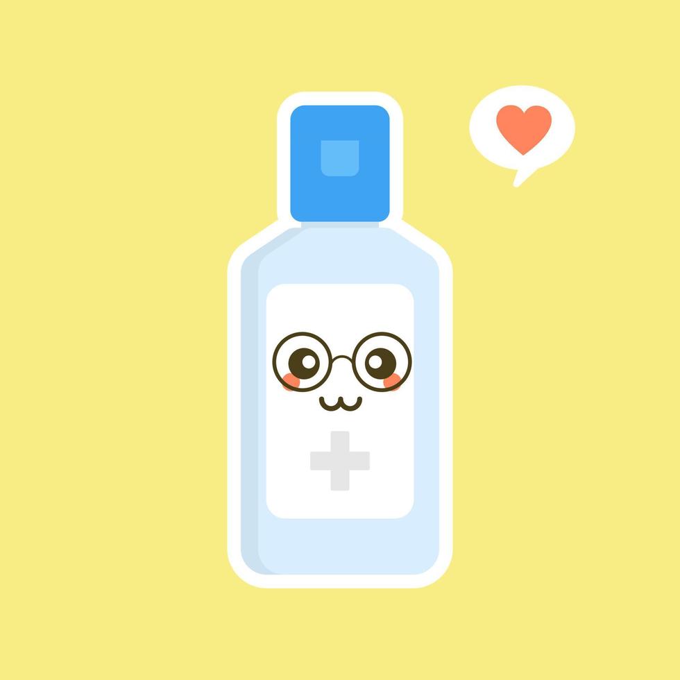cute and kawaii disinfection or and sanitizer bottle, washing gel. Vector illustration suitable for hygiene, disinfect, medical, clean life, anti virus, bacteria, health care, disease spread, germs