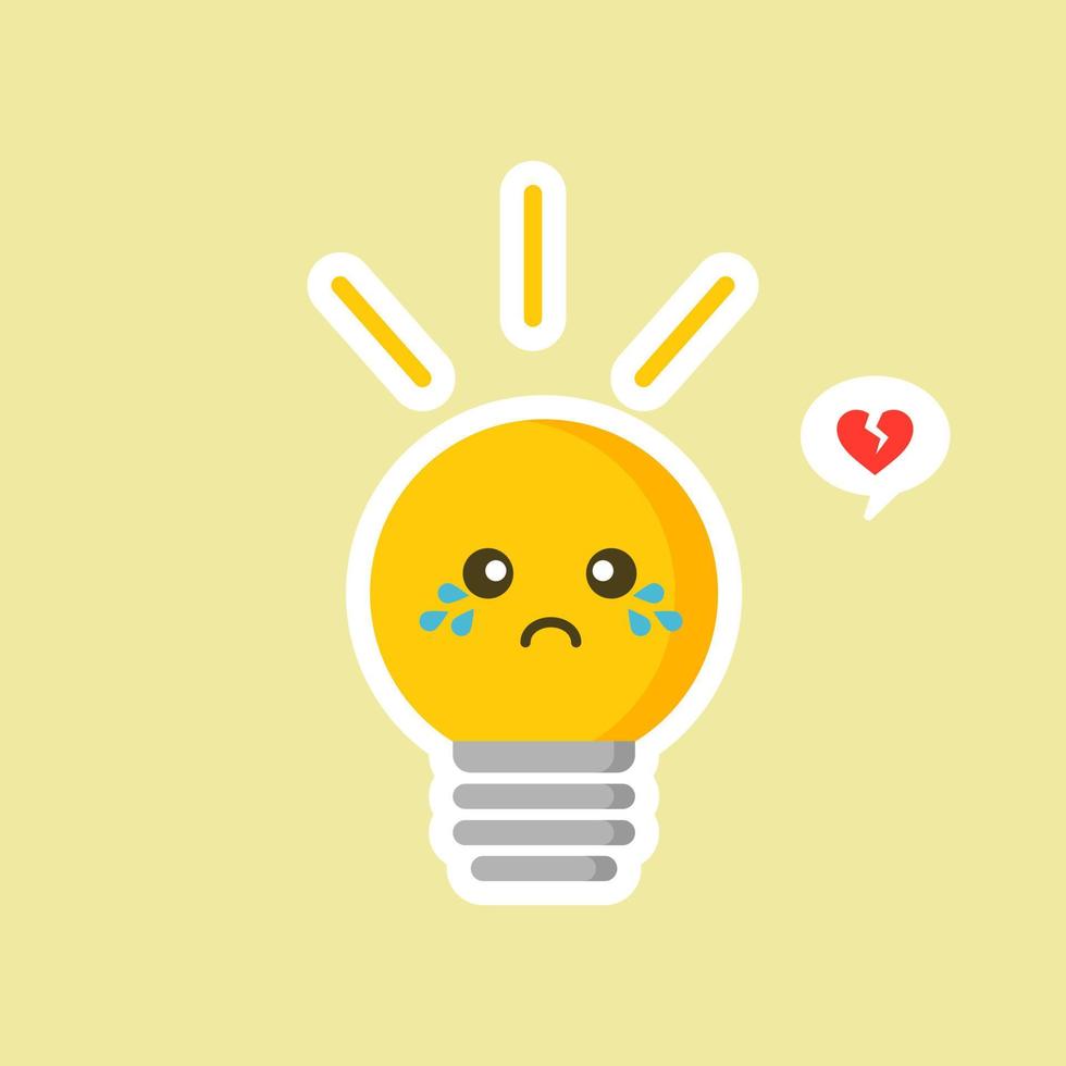 bulb flat design vector illustration. Shining yellow light bulbon color background. Emoji lightbulb with funny emotion. Hand-drawn vector illustration. Creative concept of idea