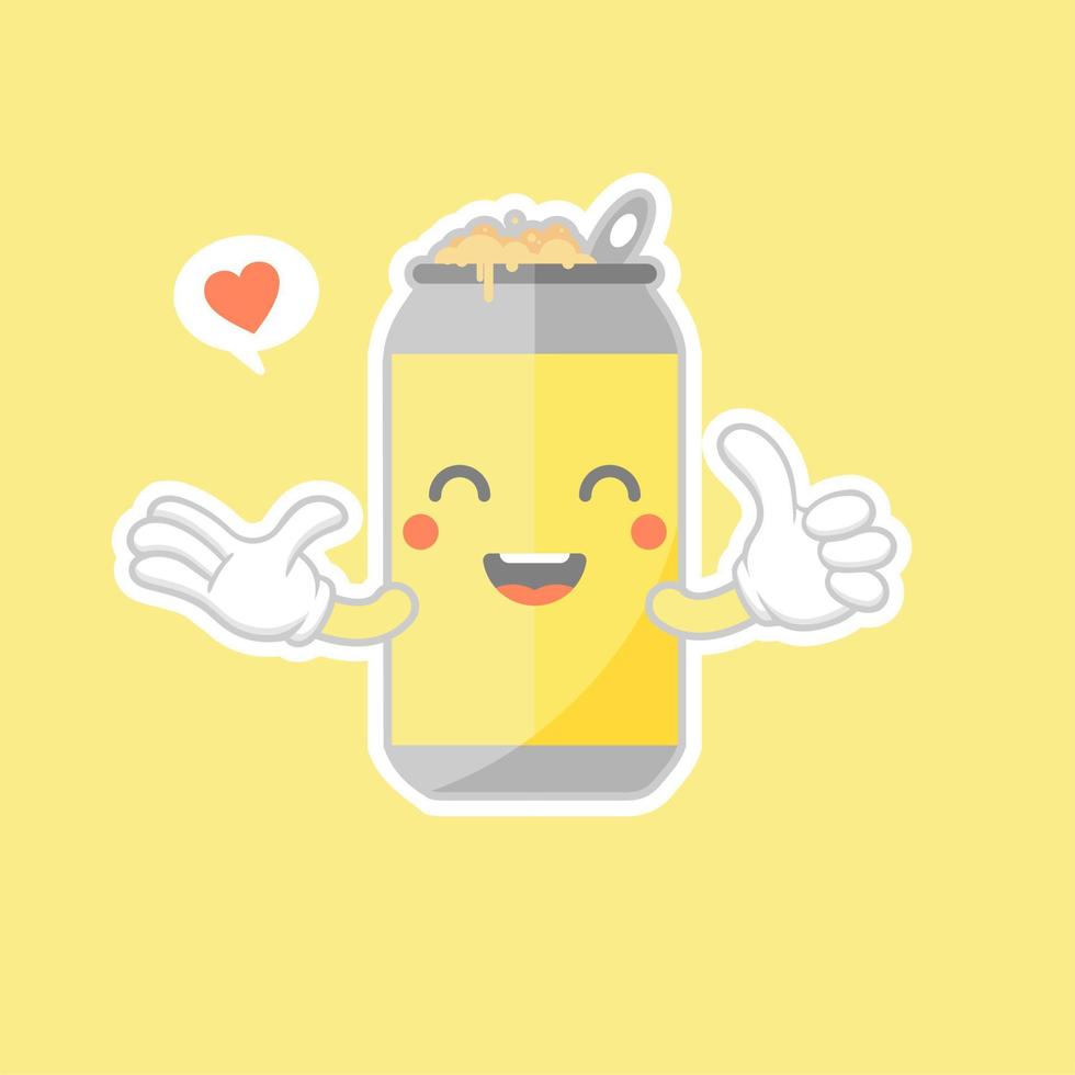 latas de refresco de dibujos animados lindos y kawaii. lindo emoticono encantador emoji cara, sonrisa, feliz. refrescos de cola y refrescos. dulce pero alta en calorías. vector