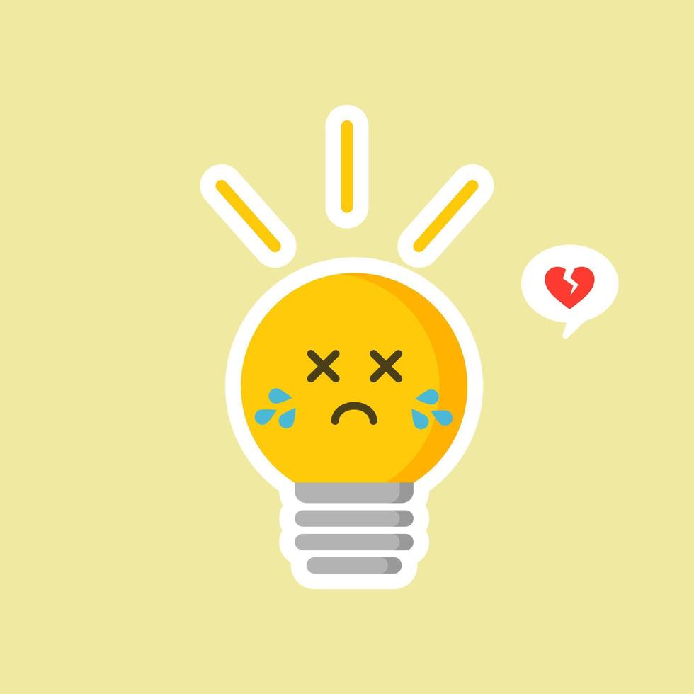 bulb flat design vector illustration. Shining yellow light bulbon color background. Emoji lightbulb with funny emotion. Hand-drawn vector illustration. Creative concept of idea