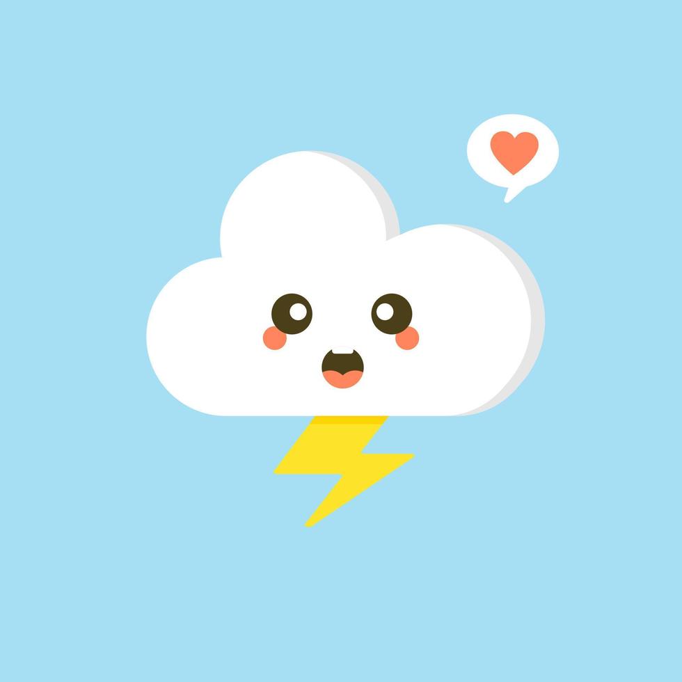 Colorful weather forecast icons. Funny cartoon sun and clouds. Adorable faces with various emotions. Flat vector for mobile app, social network sticker, children book or print. Cloud with lightning