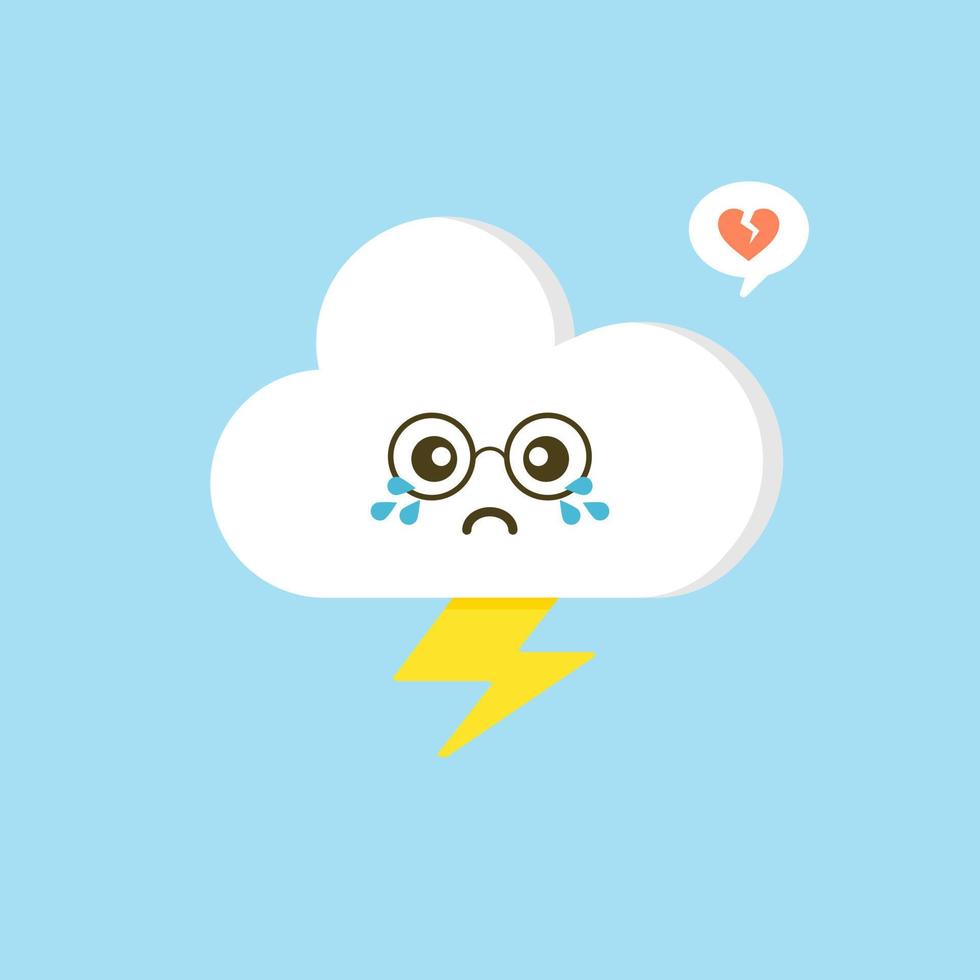 Colorful weather forecast icons. Funny cartoon sun and clouds. Adorable faces with various emotions. Flat vector for mobile app, social network sticker, children book or print. Cloud with lightning