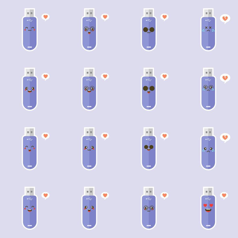 kawaii and cute USB Flash Drive icon isolated on color background. Memory Stick icon in flat style. Flash disk character with face expression. can use for technology, mascot, IT element, website, icon vector