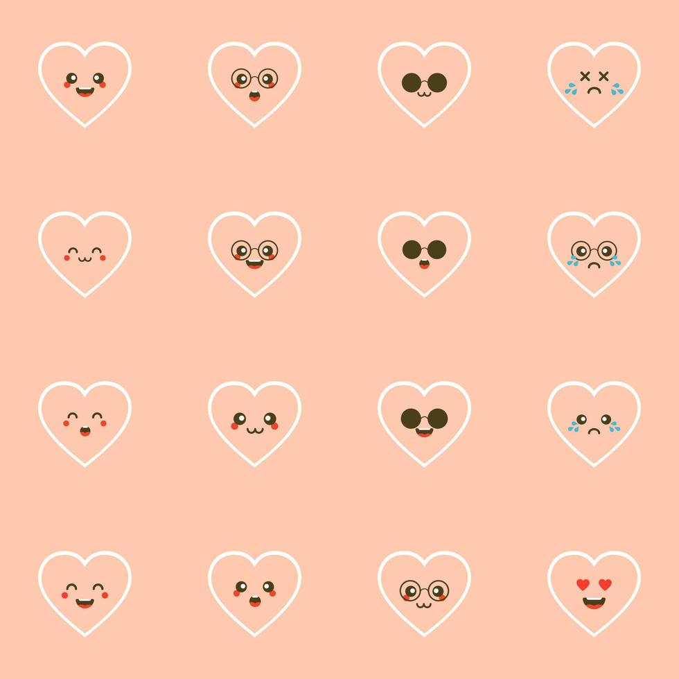 Cute set of holiday Valentines day funny cartoon character of emoji hearts. Vector illustration of cute and kawaii heart. Art design for Valentine's Day greetings and card, web, banner, love symbol