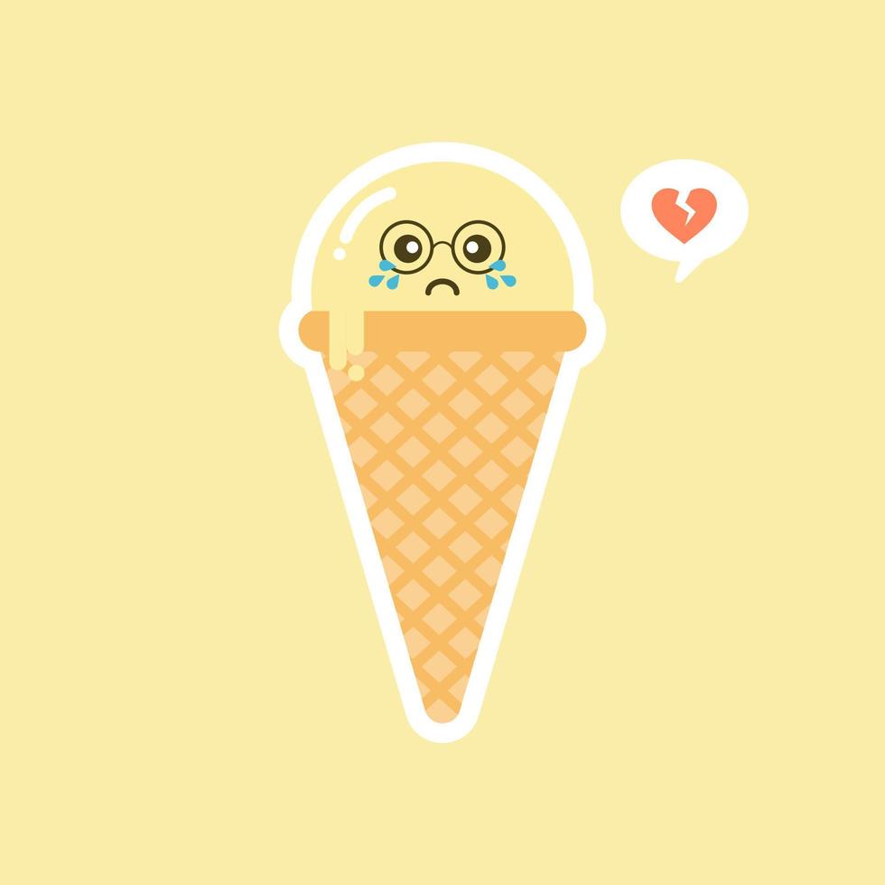 derritiendo bolas de helado en el cono de gofre aislado sobre fondo de color. icono de vector plano. personaje cómico en la ilustración de estilo de dibujos animados