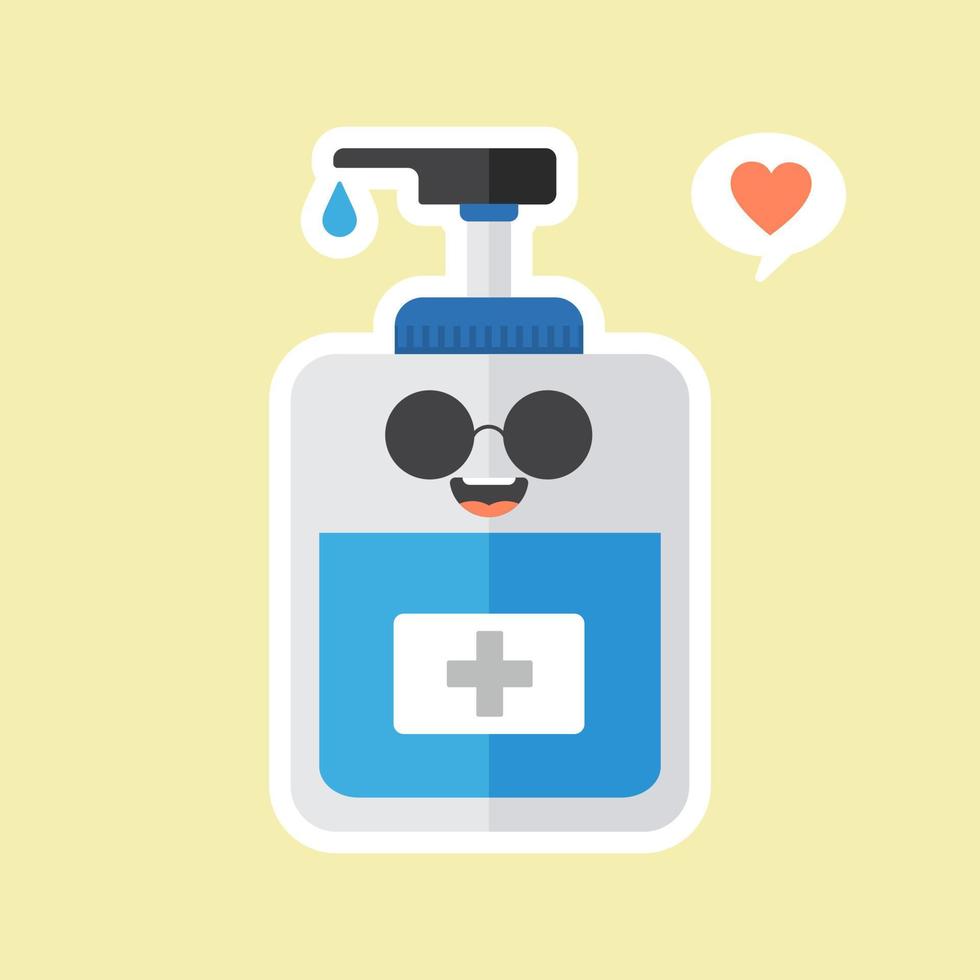 cute and kawaii disinfection or and sanitizer bottle, washing gel. Vector illustration suitable for hygiene, disinfect, medical, clean life, anti virus, bacteria, health care, disease spread, germs