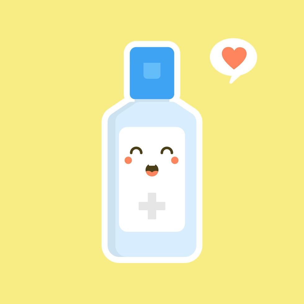 linda y kawaii botella de desinfección o desinfectante, gel de lavado. ilustración vectorial adecuada para higiene, desinfección, medicina, vida limpia, antivirus, bacterias, atención médica, propagación de enfermedades, gérmenes vector