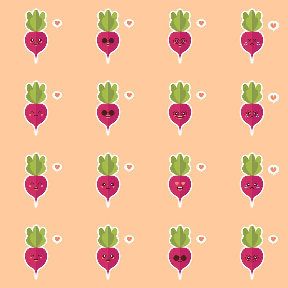 Cute and kawaii Beet. Beetroot. Healthy Food concept. Emoji Emoticon collection. Cartoon characters for kids coloring book, colouring pages, t-shirt print, icon, logo, label, patch, sticker. vector