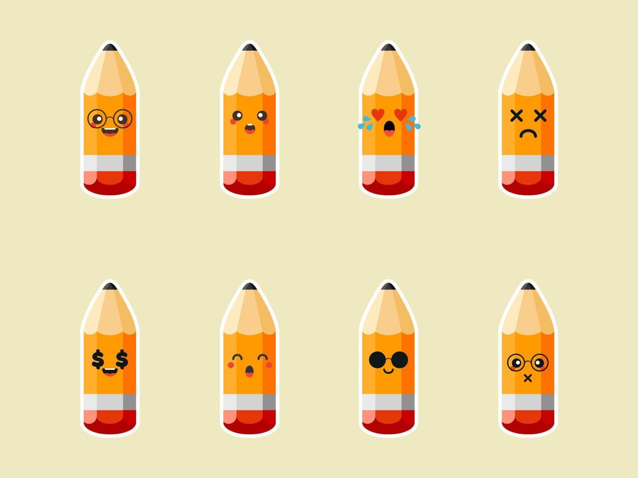 Cute pencil characters with different emotions set vector illustration. funny stationary flat style design for kid, school, education concept