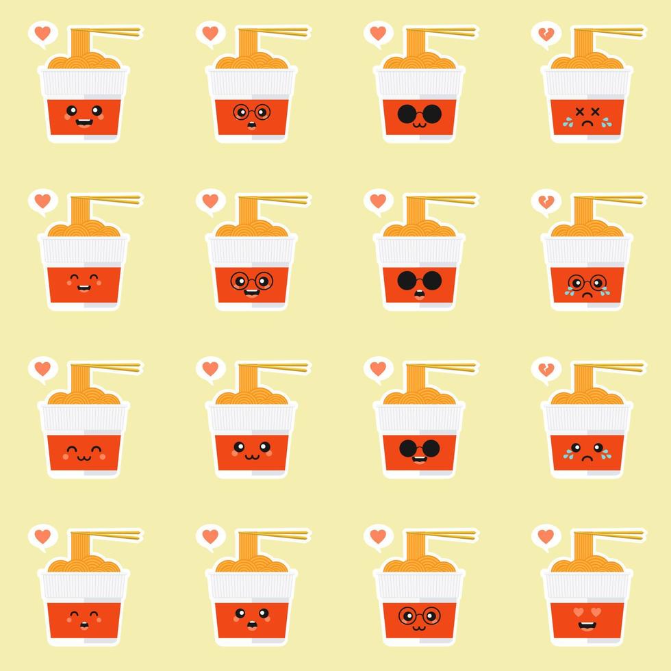 Cute and kawaii instant ramen cup character in flat style. Noodle cup with chopstick cartoon illustration with emoji and expression. Can use for restaurant, resto, mascot, chinese. japanese, asian vector