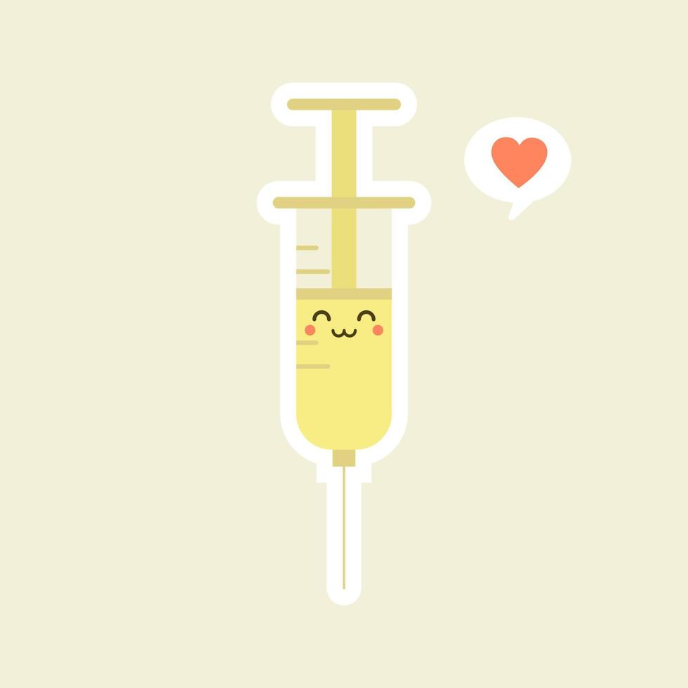 Cute and kawaii syringe. Vector flat cartoon character illustration icon design. Syringe, medical vaccine concept. can use for poster, element, mascot, emoji, emoticon for virus, corona virus covid-19