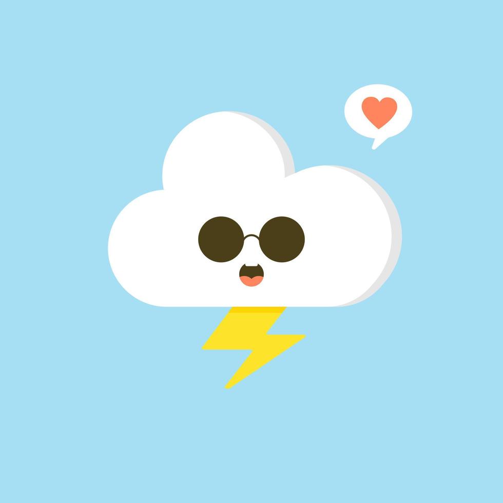 Colorful weather forecast icons. Funny cartoon sun and clouds. Adorable faces with various emotions. Flat vector for mobile app, social network sticker, children book or print. Cloud with lightning