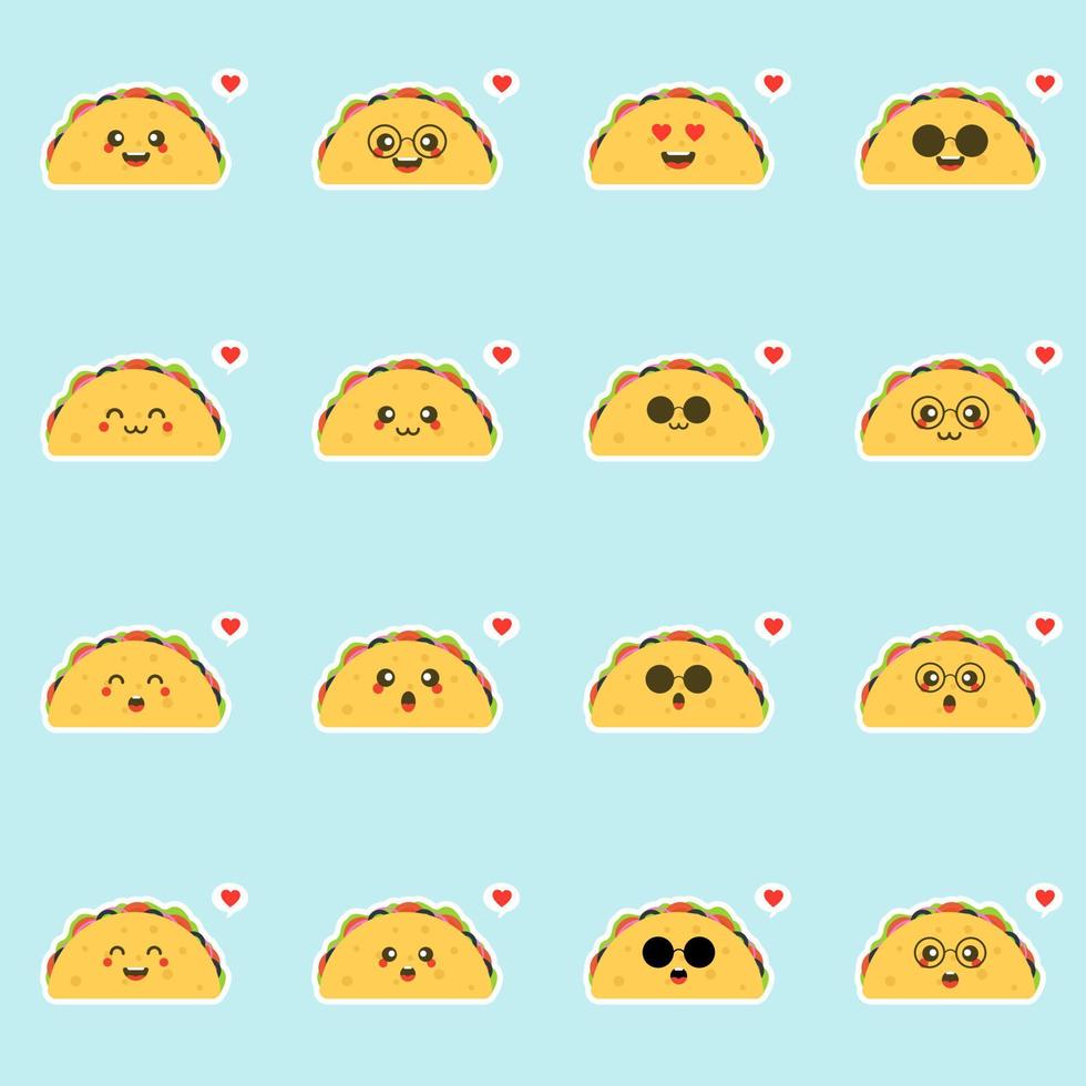 Cute and kawaii happy taco set. Isolated on color background. Vector cartoon character illustration design, simple flat style. Taco character bundle, collection. Mexican food kids menu, card concept