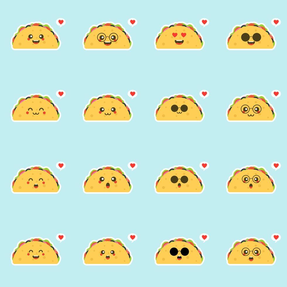 juego de taco feliz lindo y kawaii. aislado sobre fondo de color. diseño de ilustración de personajes de dibujos animados vectoriales, estilo plano simple. paquete de personajes de taco, colección. menú infantil de comida mexicana, concepto de tarjeta vector